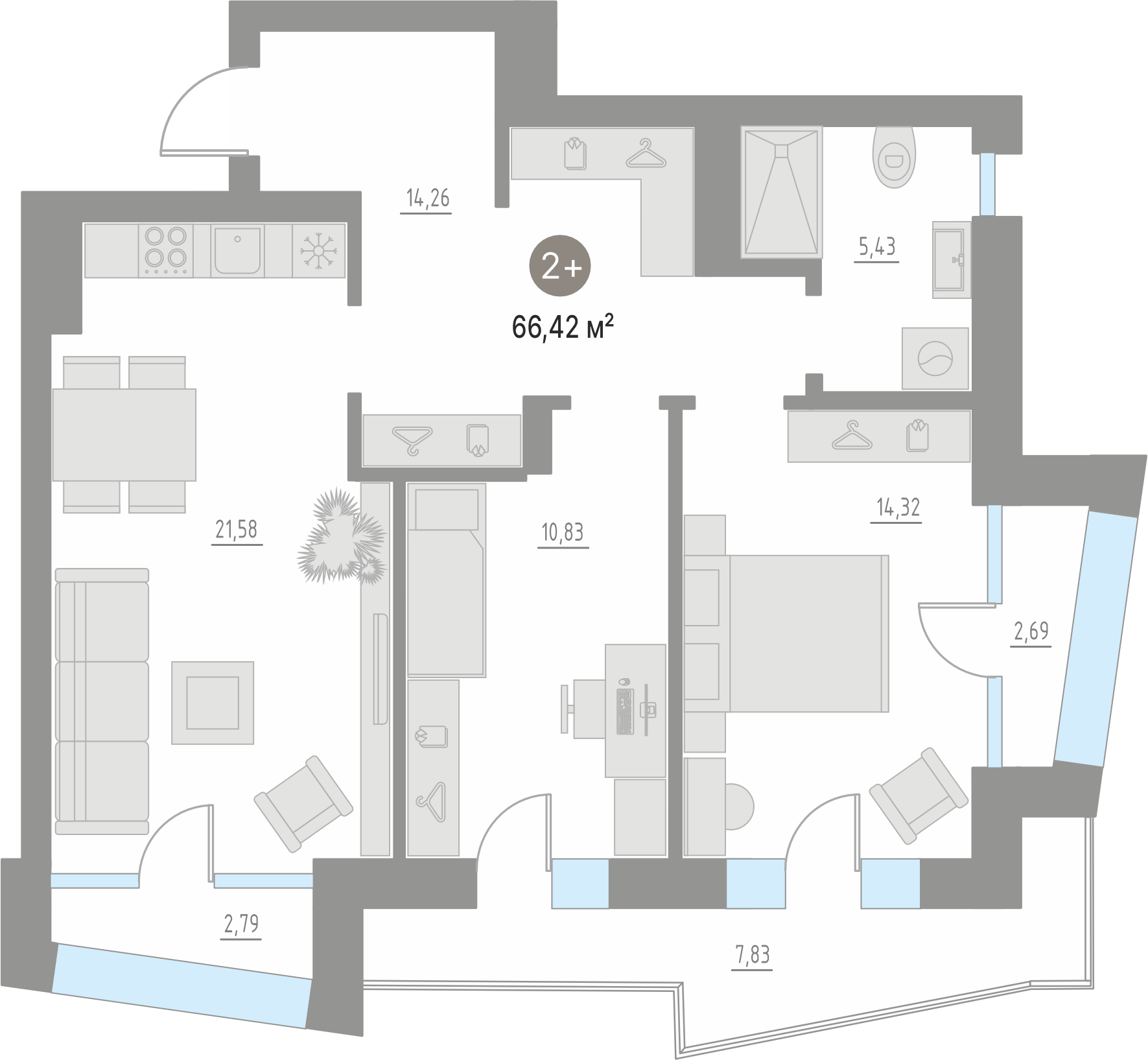 Планировка: Евротрешка 64.8 м² в ЖК Кипрея, Область