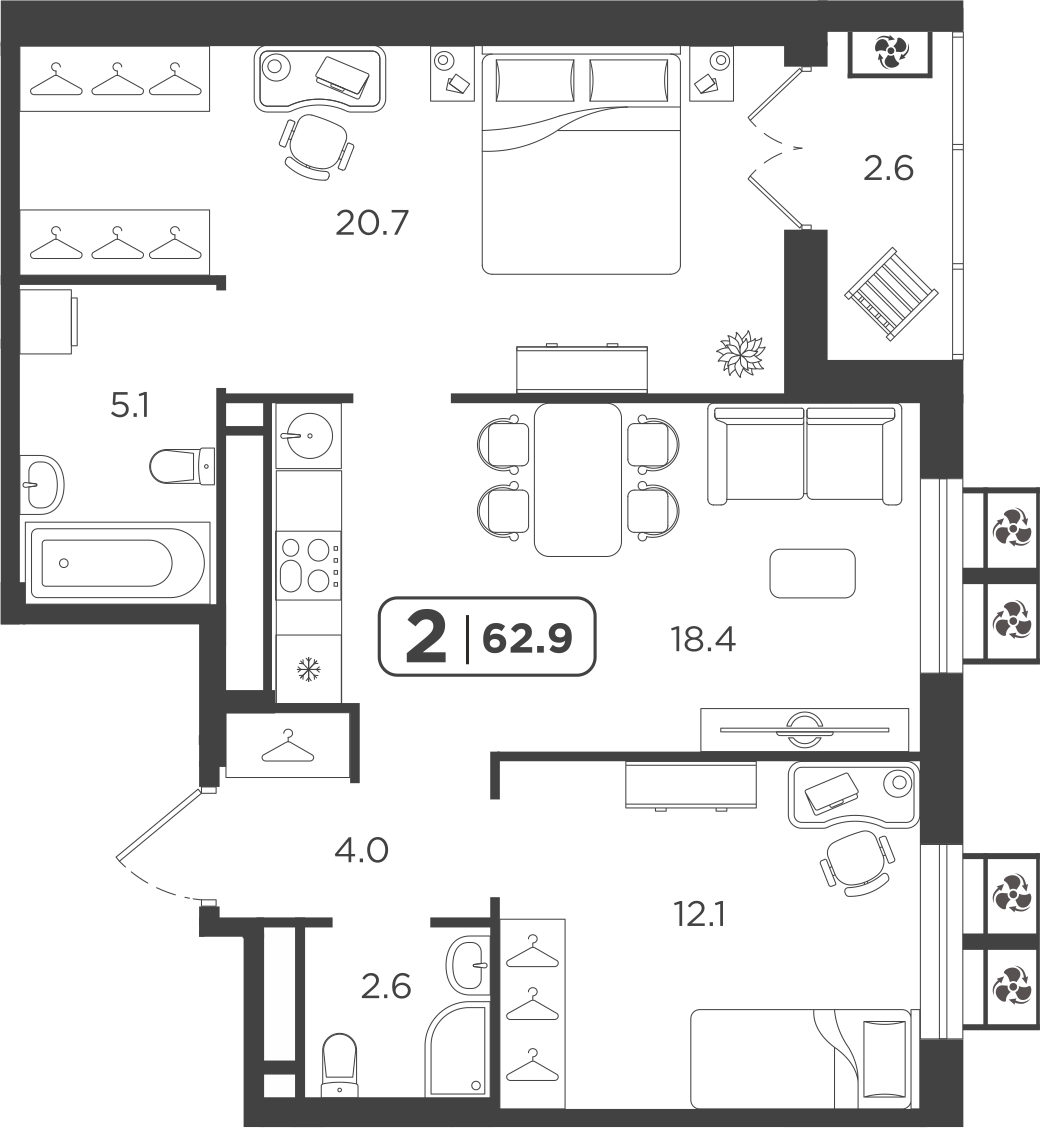 Планировка: Евротрешка 63 м² в ЖК Симфония, Центр: Студгородок