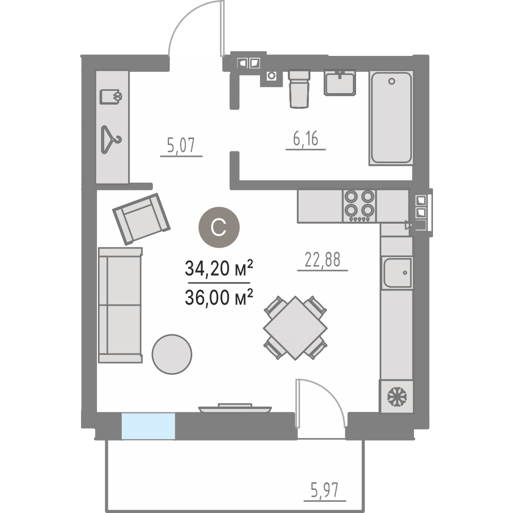 Планировка: Студия 33.6 м² в ЖК Кипрея, Область