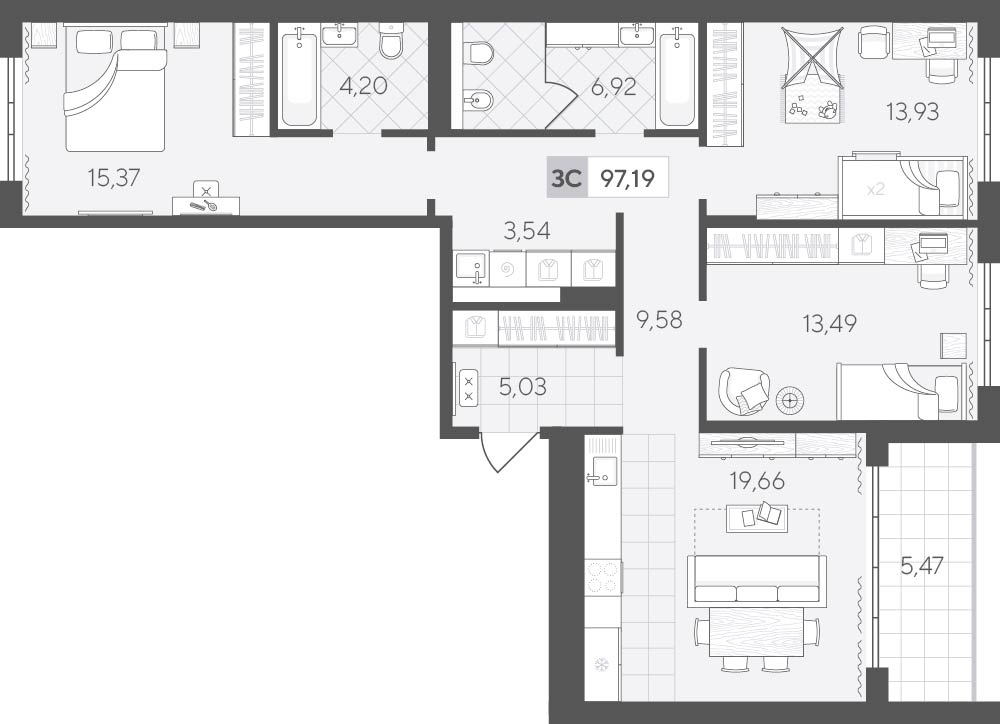 Планировка: 4-комнатная евро 96.9 м² в ЖК Скандиа. Квартал у озера, Лесобаза
