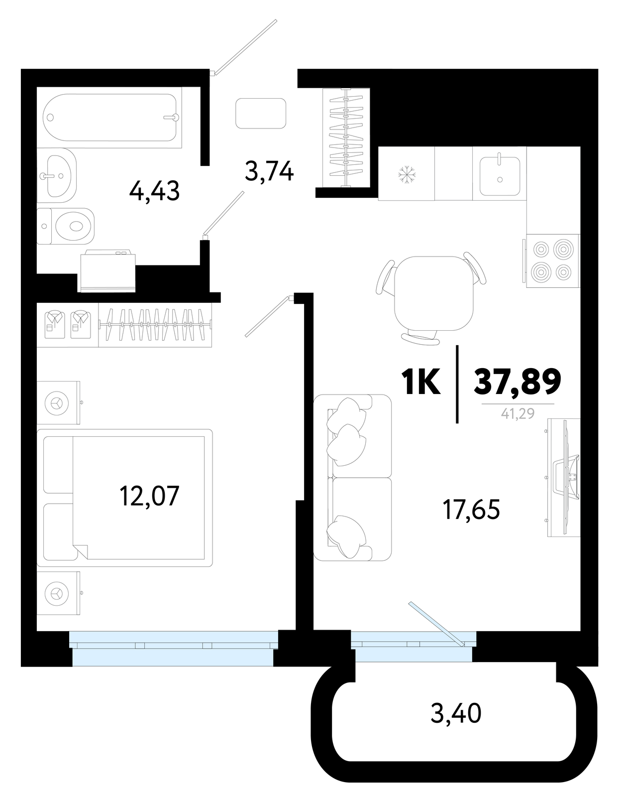 Планировка: Евродвушка 37.9 м² в ЖК Символ, Комарово Парк