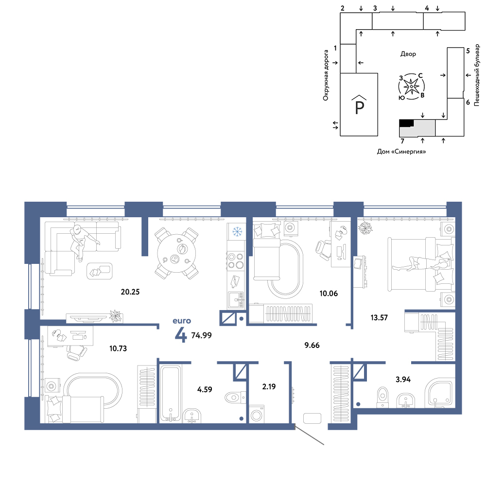 Планировка: 4-комнатная евро 75 м² в ЖК Юнион, Плеханово