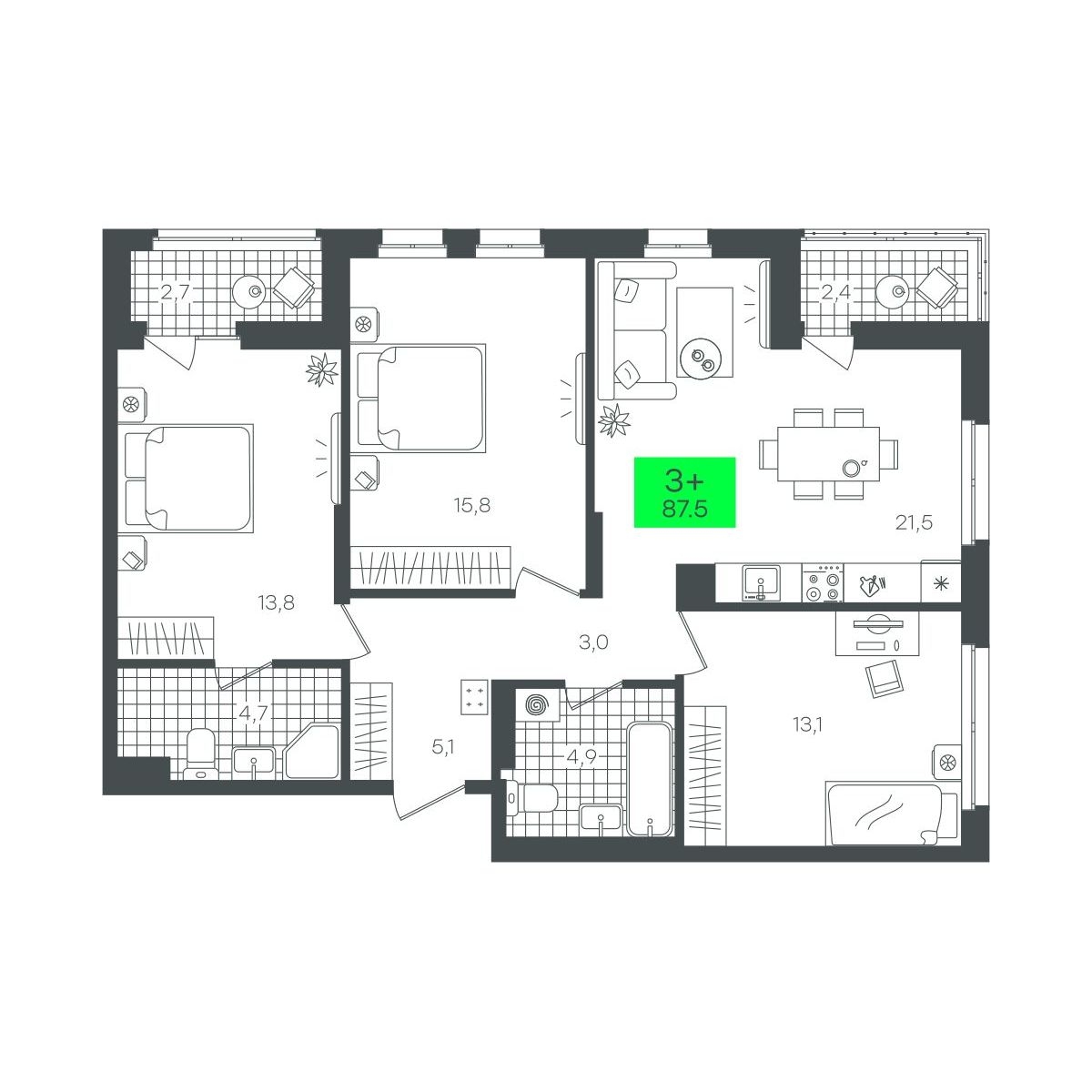 Планировка: 4-комнатная евро 87.5 м² в ЖК Сезоны, От Слободы до Комарово парк