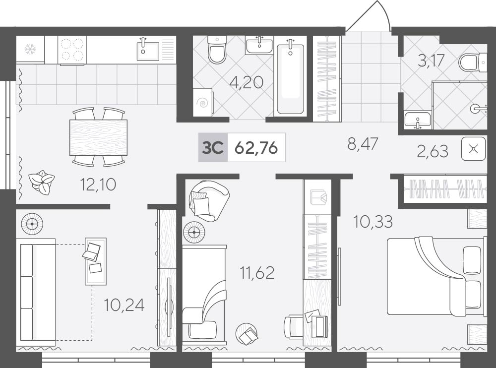 Планировка: 3-комнатная 62.8 м² в ЖК Скандиа. Квартал у озера, Лесобаза