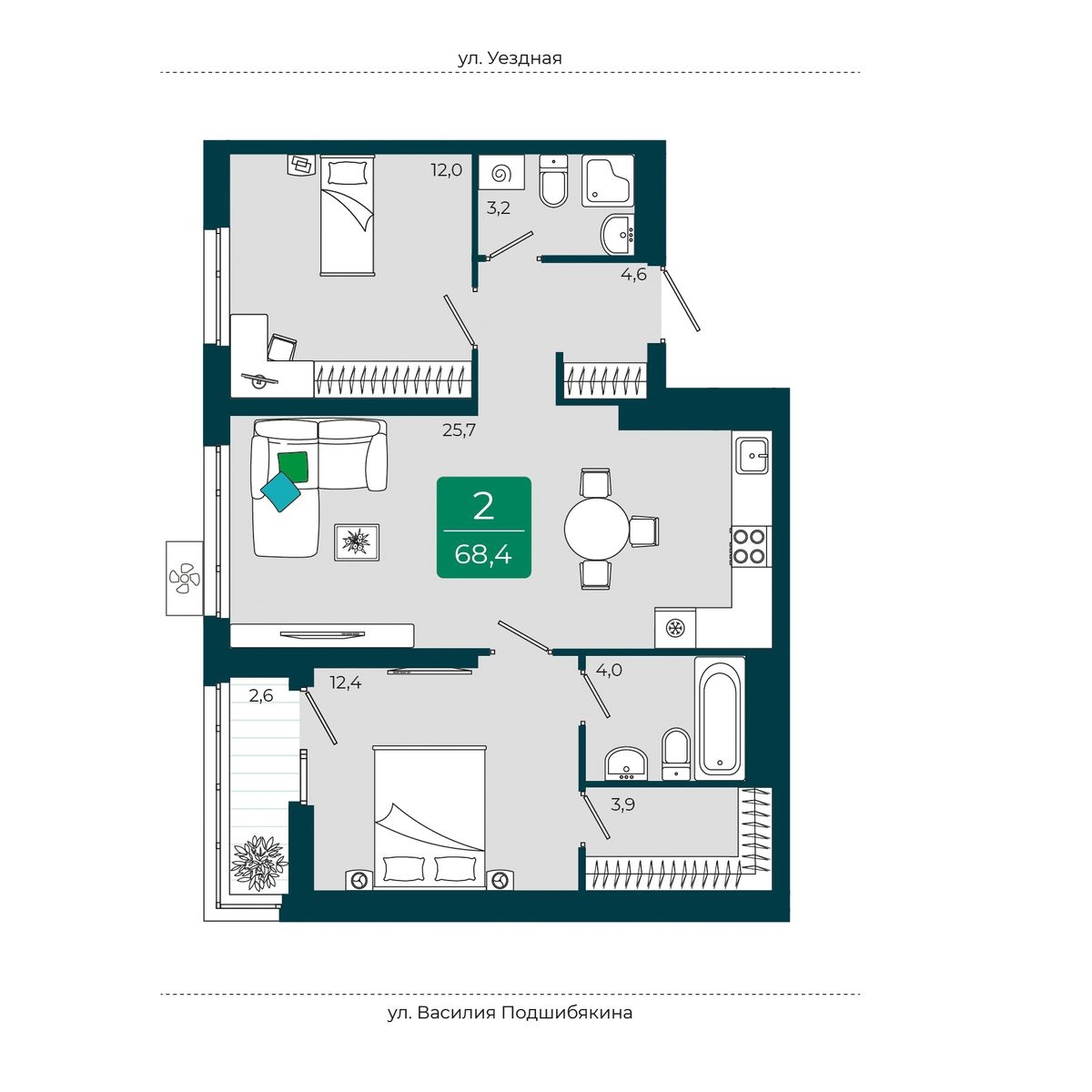 Планировка: Евротрешка 68.4 м² в ЖК Уездные кварталы, Тюменская слобода