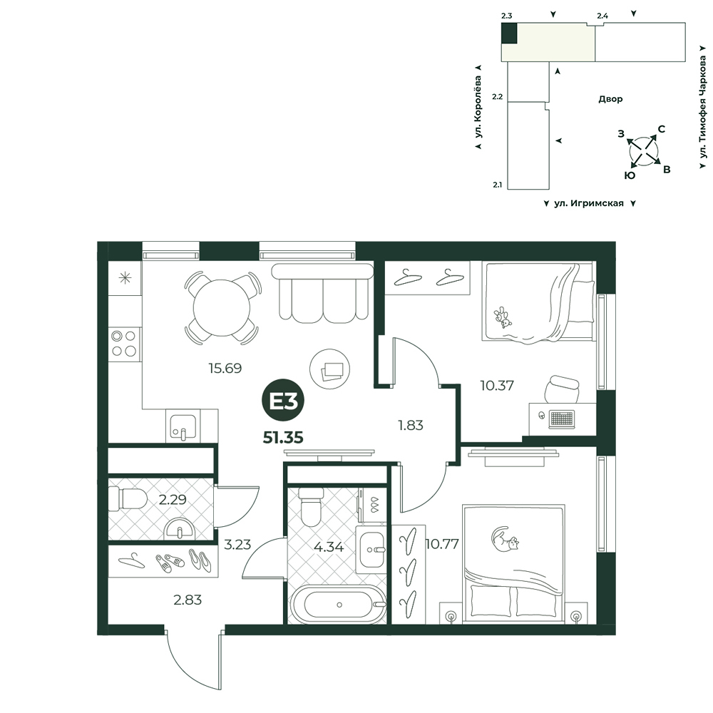 Планировка: Евротрешка 51.4 м² в ЖК Игрим, От Тарманов до Тобольского тракта