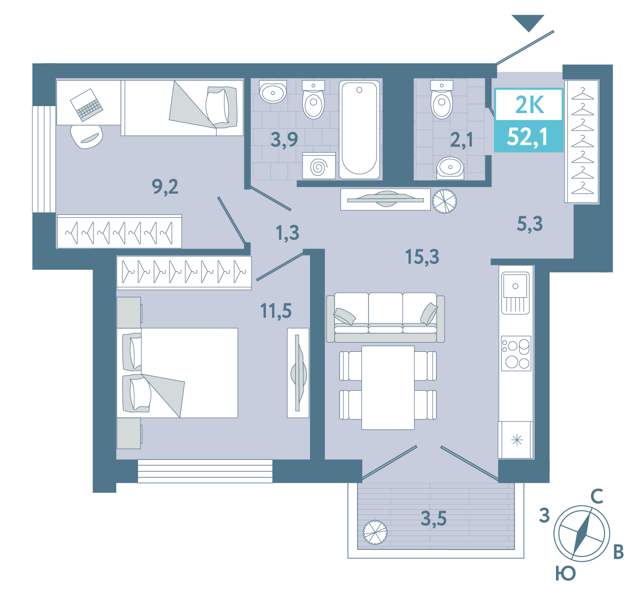 Планировка: Евротрешка 52.1 м² в ЖК AIRIS, Комарово Парк