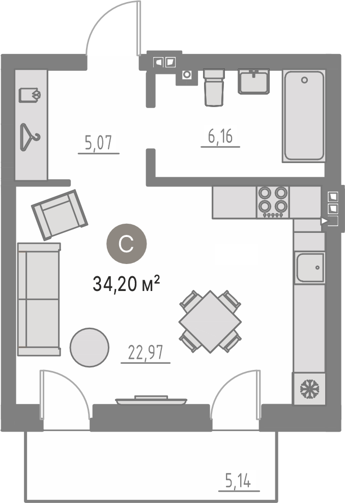 Планировка: Студия 33.8 м² в ЖК Кипрея, Область