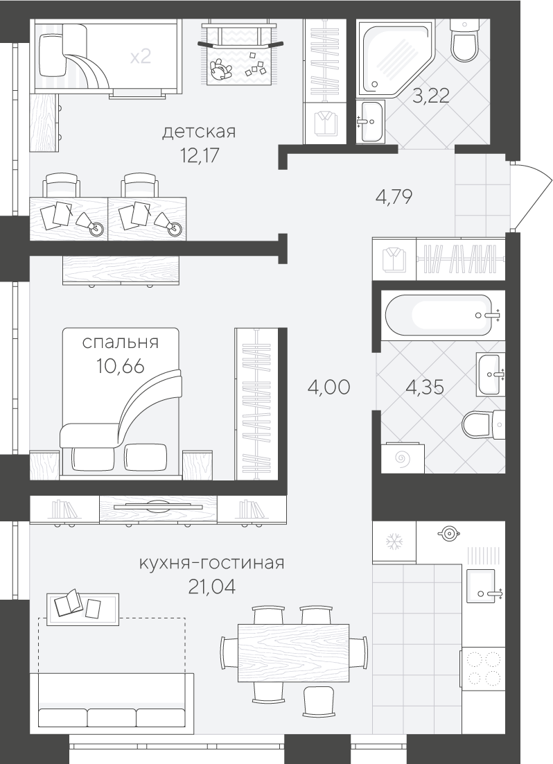 Планировка: Евротрешка 60.3 м² в ЖК Скандиа. Квартал в Комарово Парк, Комарово Парк