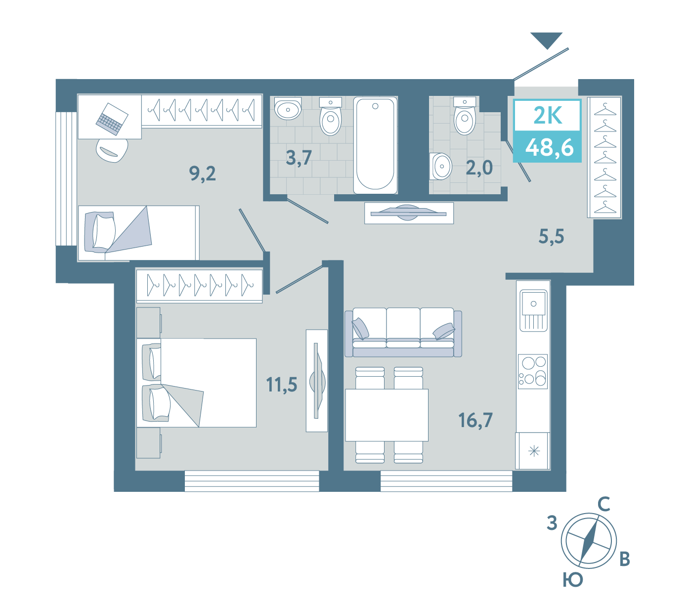 Планировка: Евротрешка 48.6 м² в ЖК AIRIS, Комарово Парк