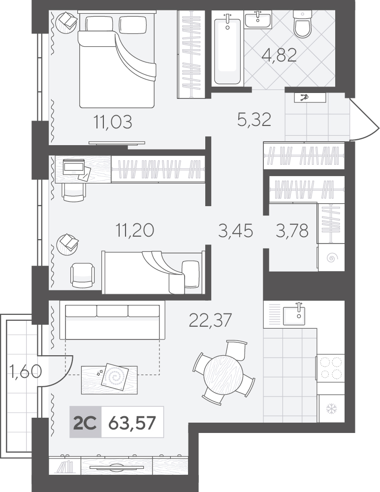 Планировка: Евротрешка 63.6 м² в ЖК Скандиа. Квартал в Комарово Парк, Комарово Парк