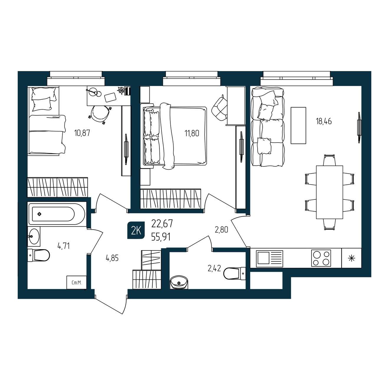 Планировка: Евротрешка 55.9 м² в ЖК Квартал мятный, Мыс