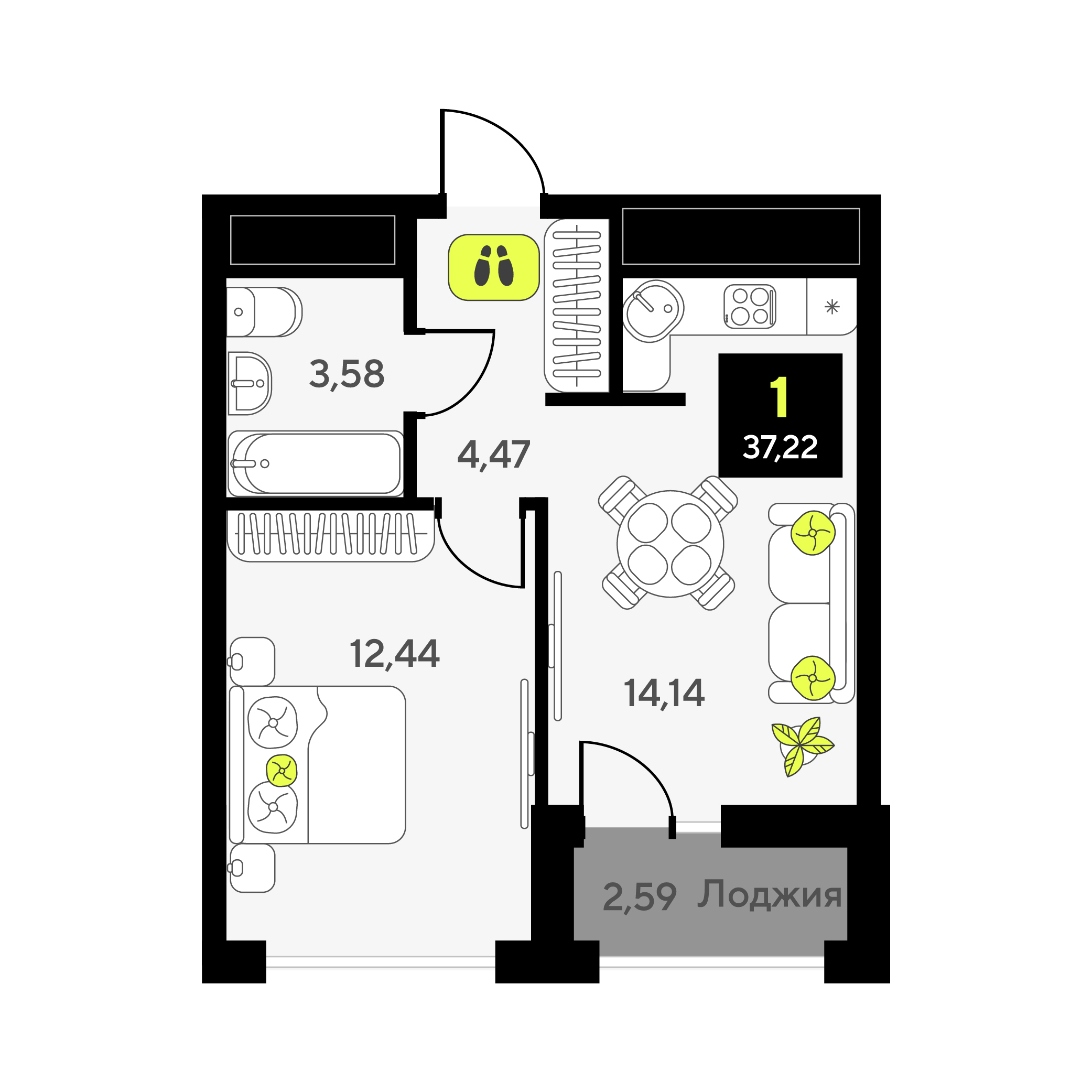 Планировка: Евродвушка 37.2 м² в ЖК Мотивы, От Плеханова до Южного