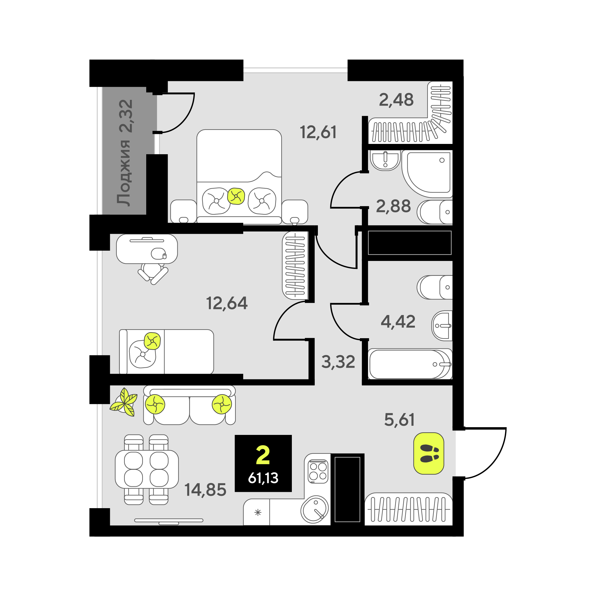 Планировка: Евротрешка 61.1 м² в ЖК Мотивы, От Плеханова до Южного