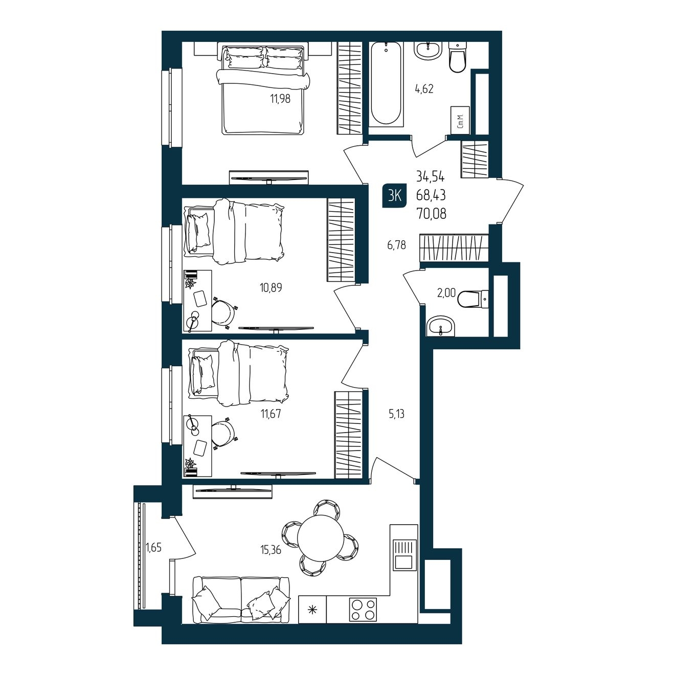 Планировка: 4-комнатная евро 68.4 м² в ЖК Квартал мятный, Мыс