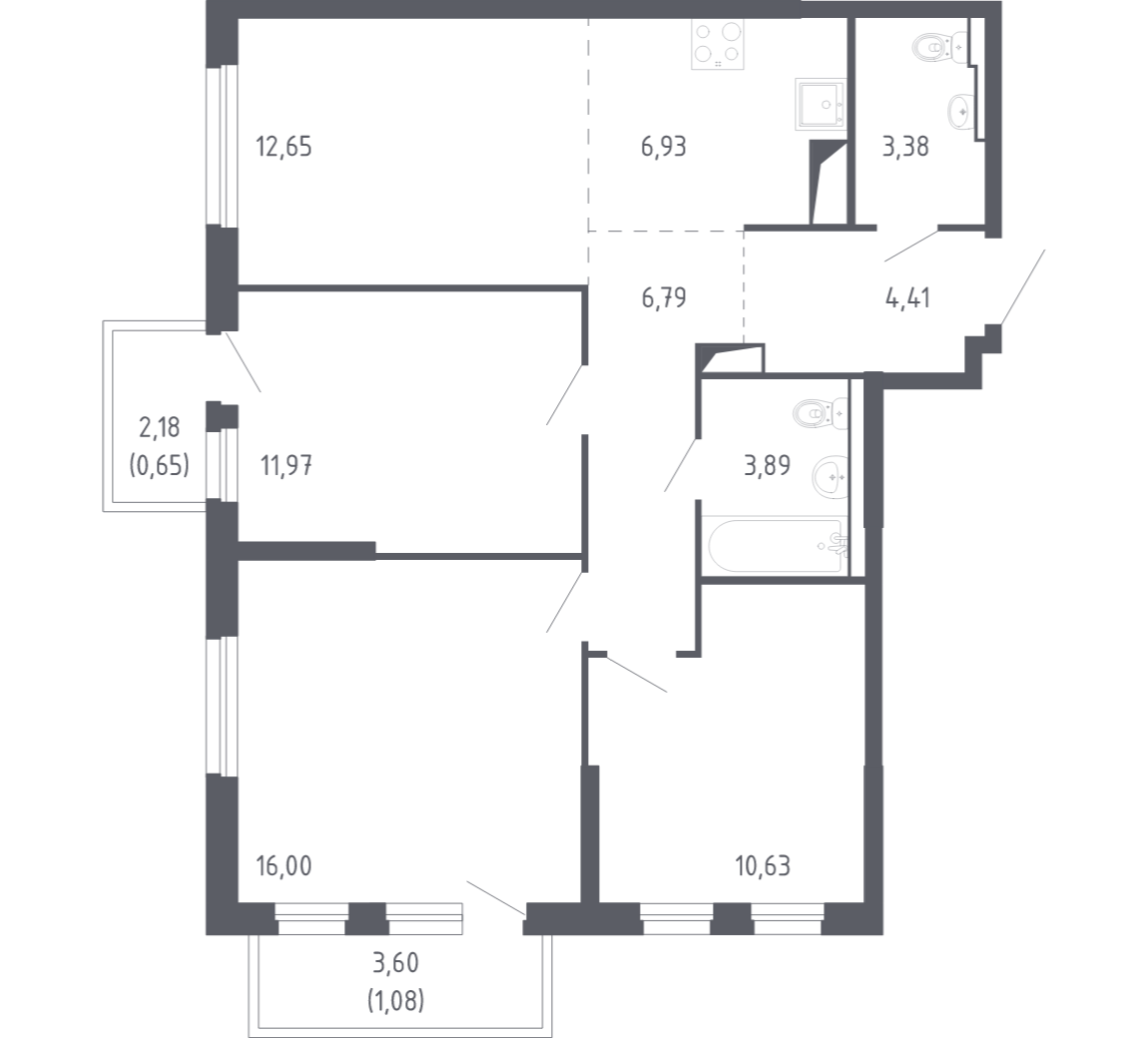 Планировка: 4-комнатная евро 77.5 м² в ЖК Чаркова 72, Мыс