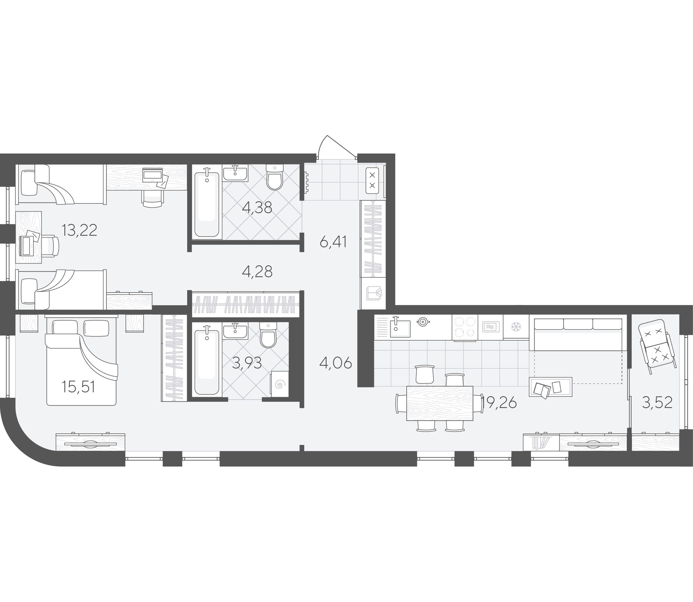 Планировка: Евротрешка 74.6 м² в ЖК Скандиа. Квартал в Комарово Парк, Комарово Парк