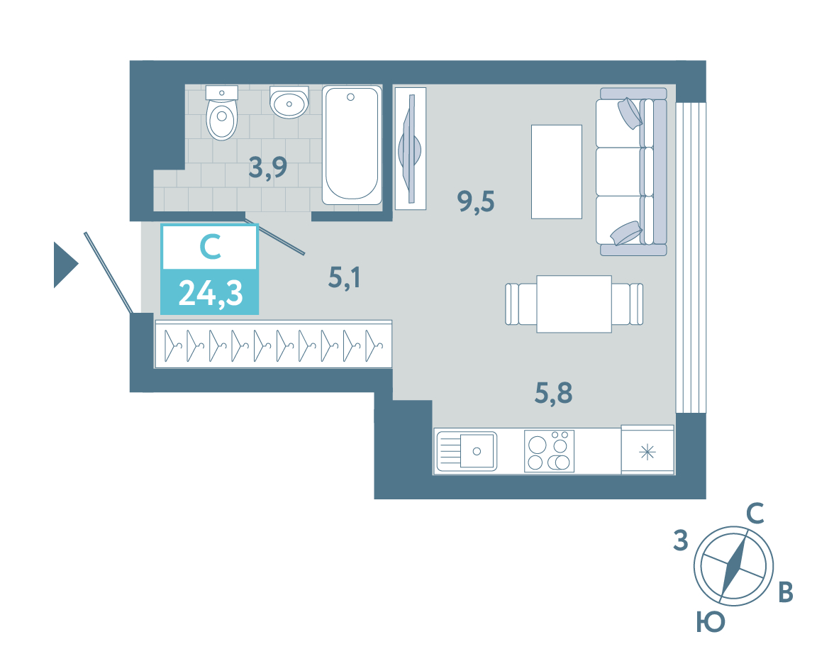 Планировка: Студия 24.3 м² в ЖК AIRIS, Комарово Парк