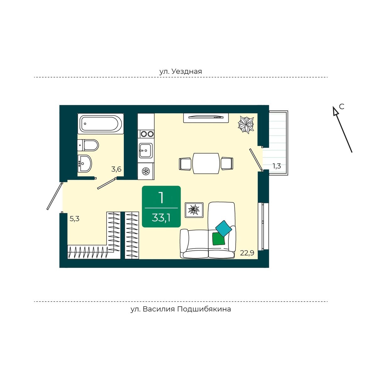 Планировка: Студия 33.1 м² в ЖК Уездные кварталы, Тюменская слобода