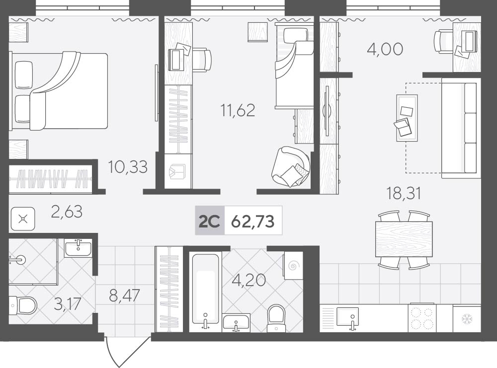 Планировка: Евротрешка 62.7 м² в ЖК Скандиа. Квартал у озера, Лесобаза