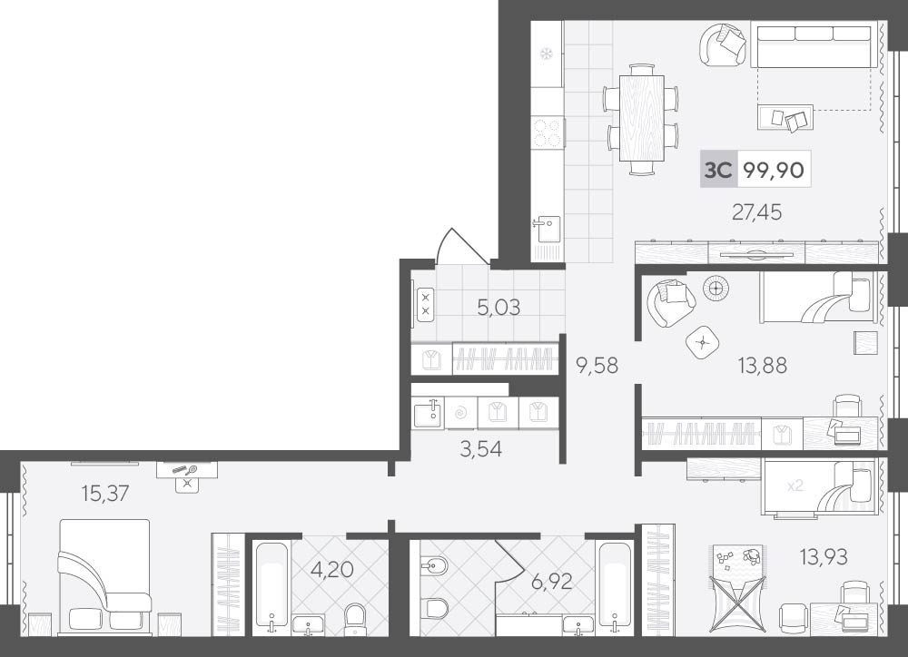 Планировка: 4-комнатная евро 99.6 м² в ЖК Скандиа. Квартал у озера, Лесобаза