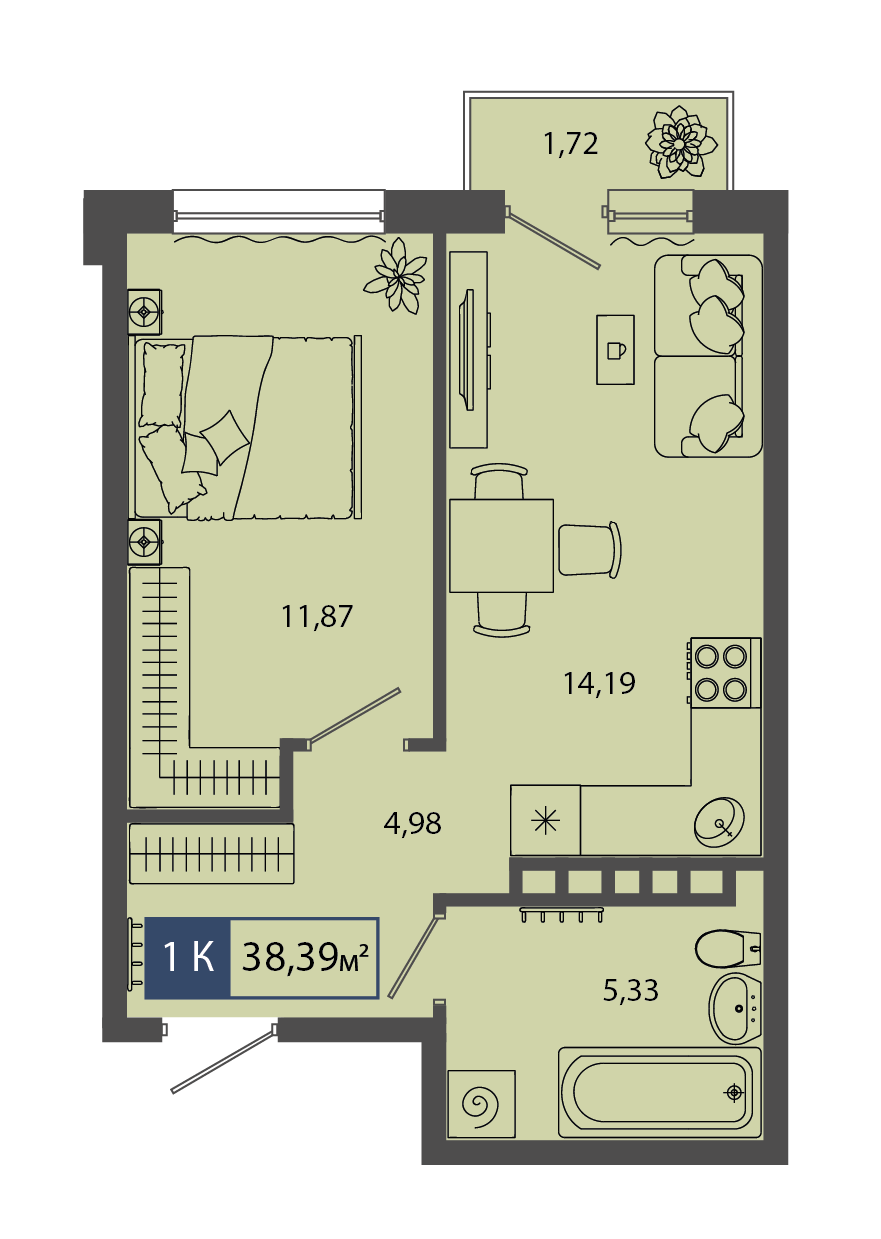 Планировка: Евродвушка 38.1 м² в ЖК Смородина, Мелиораторов