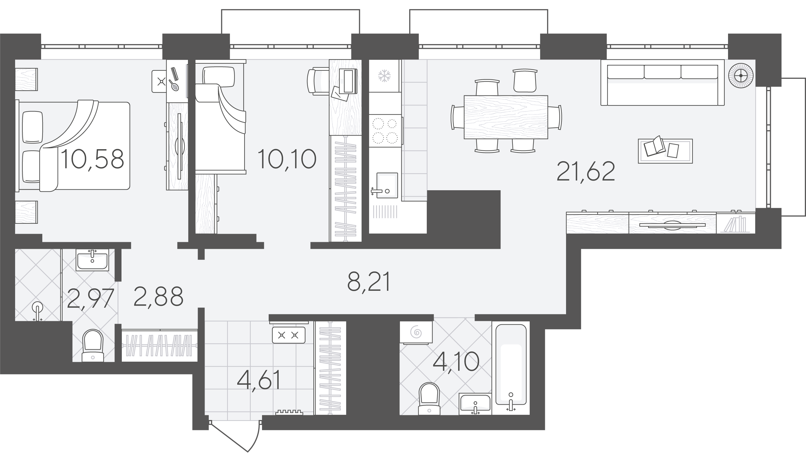 Планировка: Евротрешка 65.1 м² в ЖК Скандиа. Дом на берегу Туры, ДОК