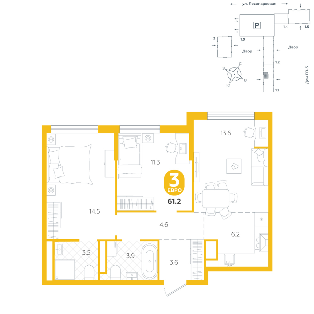 Планировка: Евротрешка 61.2 м² в ЖК Чистые пруды, Лесобаза: Тура