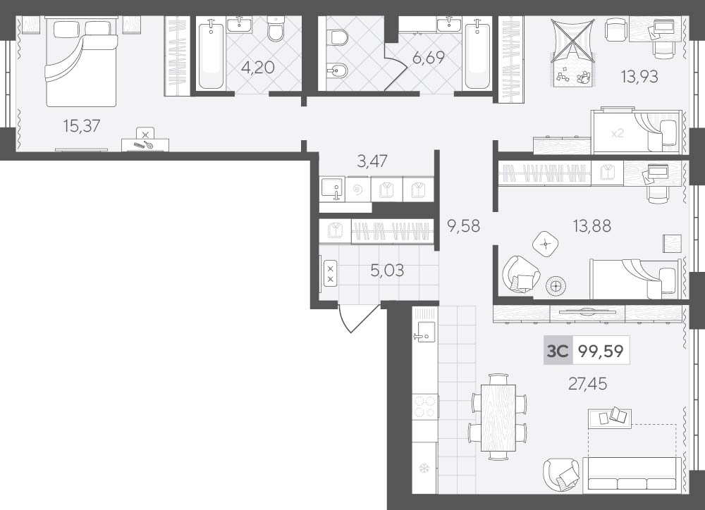 Планировка: 4-комнатная евро 99.6 м² в ЖК Скандиа. Квартал у озера, Лесобаза