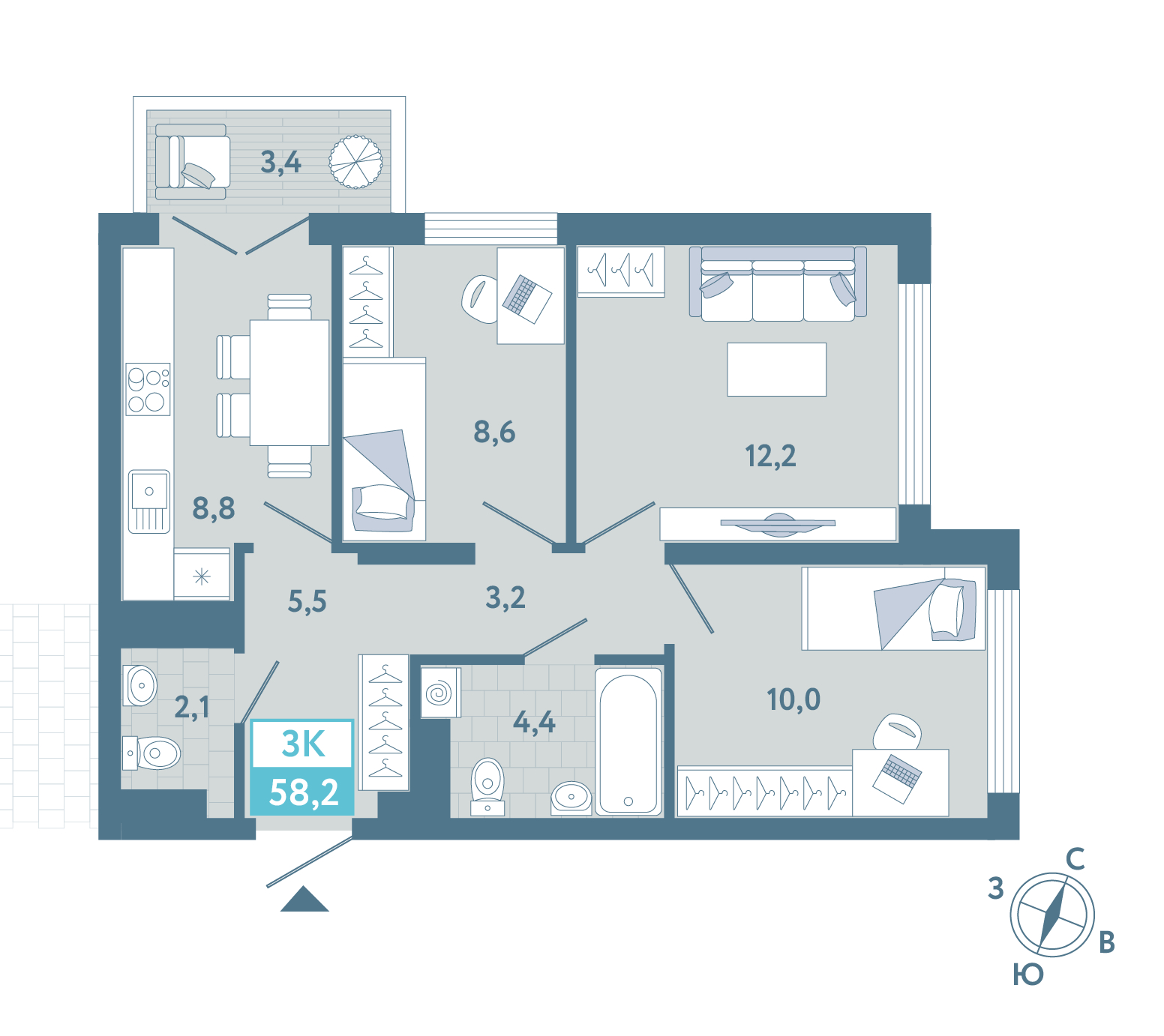 Планировка: 3-комнатная 58.2 м² в ЖК AIRIS, Комарово Парк