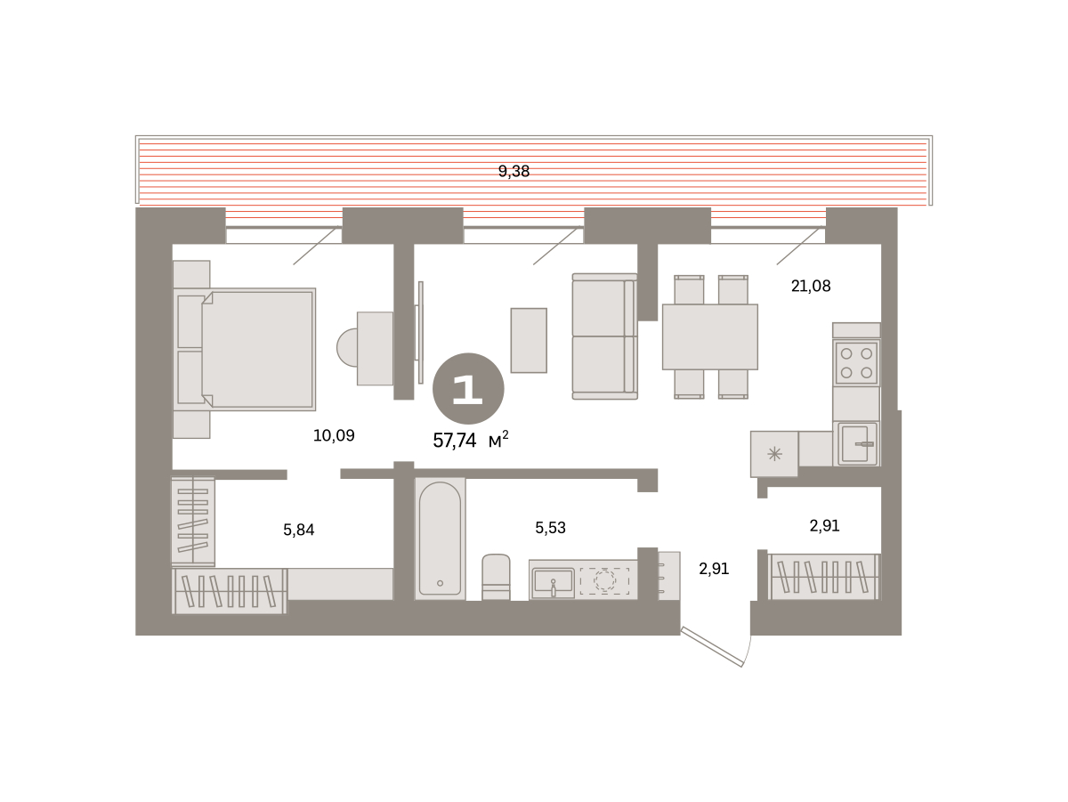 Планировка: Евродвушка 57.7 м² в ЖК Речной порт, Центр: Дом печати