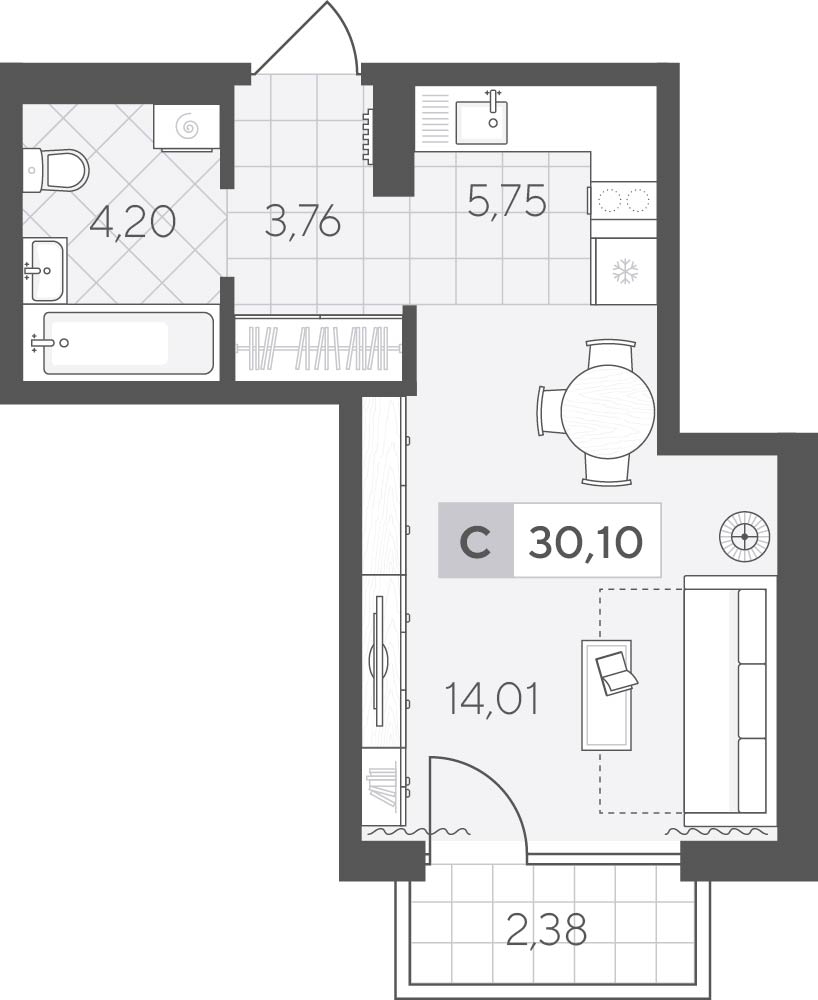 Планировка: Студия 30.1 м² в ЖК Скандиа. Квартал у озера, Лесобаза