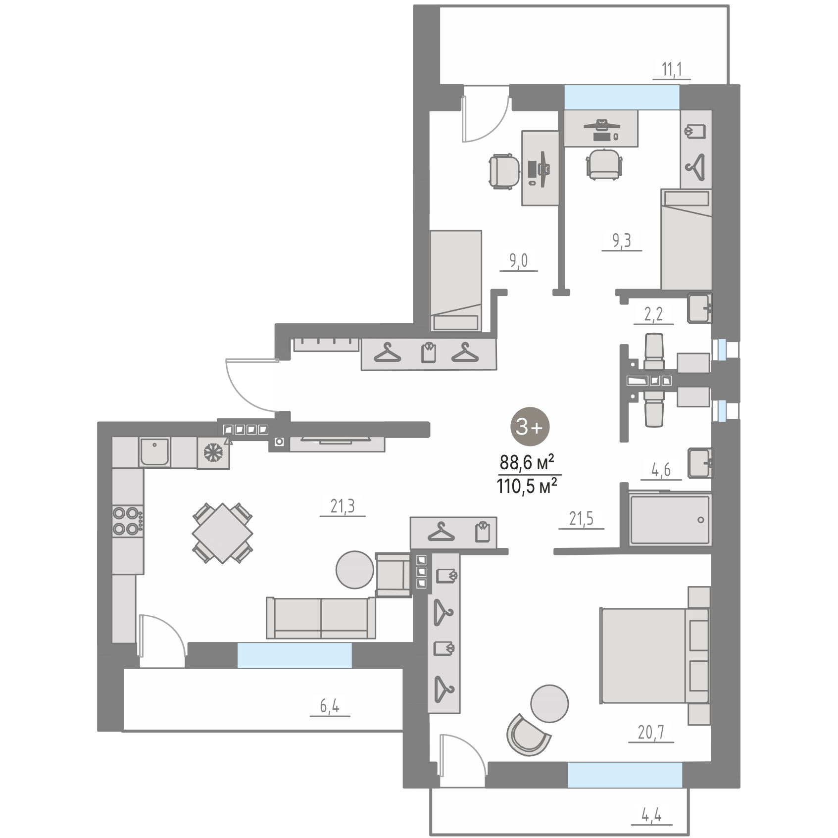Планировка: 4-комнатная евро 88.6 м² в ЖК Кипрея, Область
