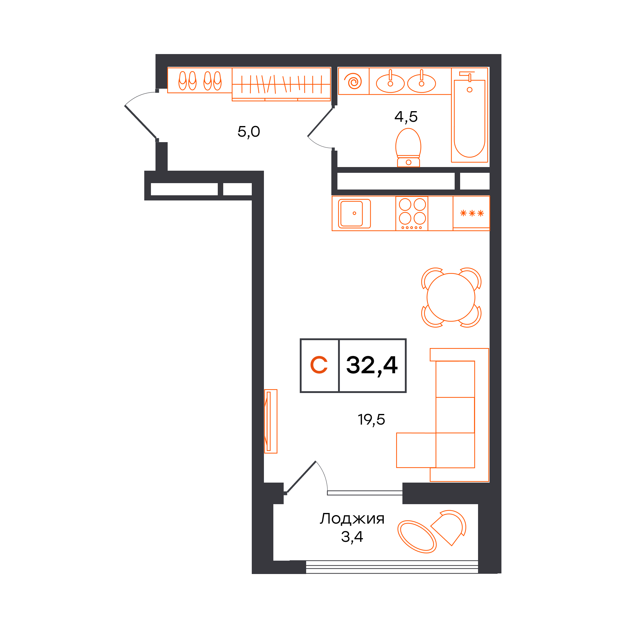 Планировка: Студия 32.4 м² в ЖК Чемпионский, Чемпионский