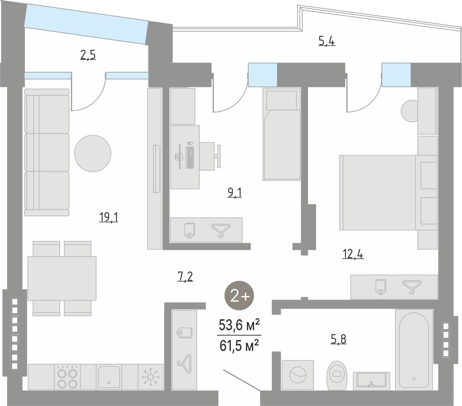 Планировка: Евротрешка 53.6 м² в ЖК Кипрея, Область