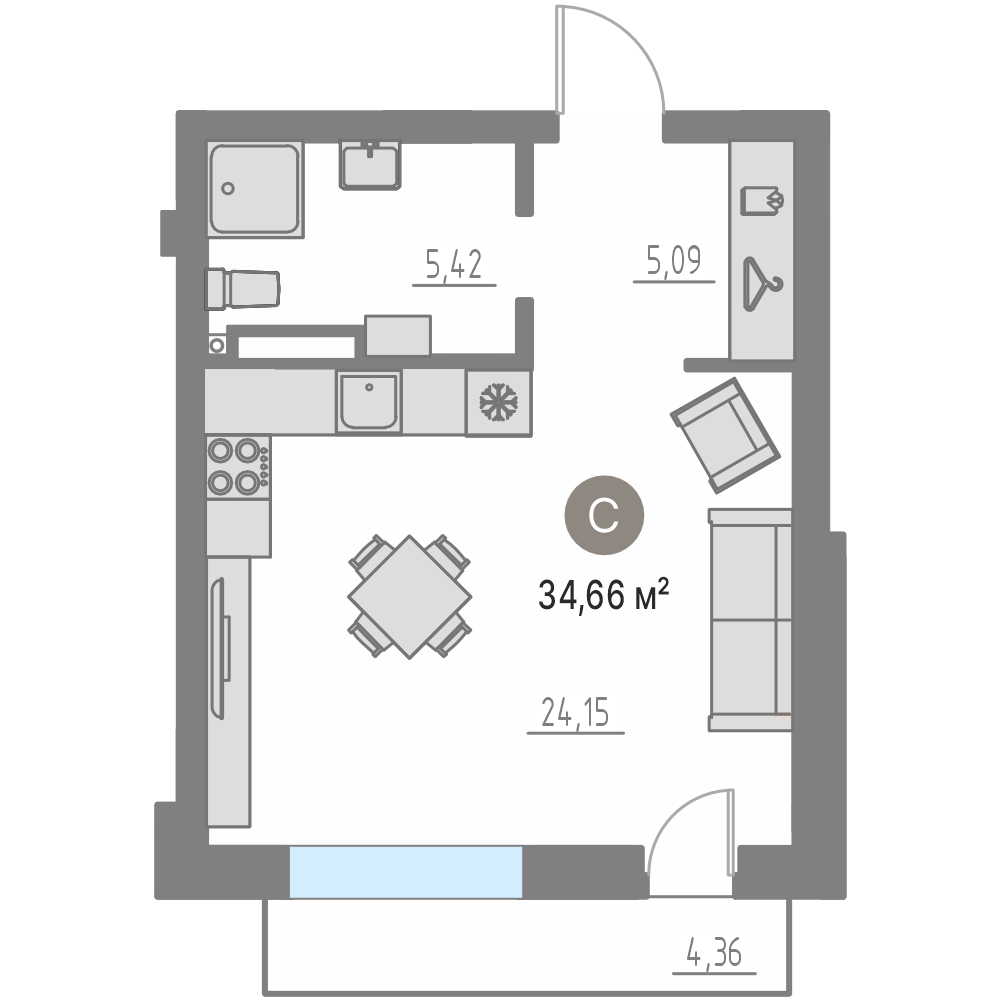 Планировка: Студия 34 м² в ЖК Кипрея, Область