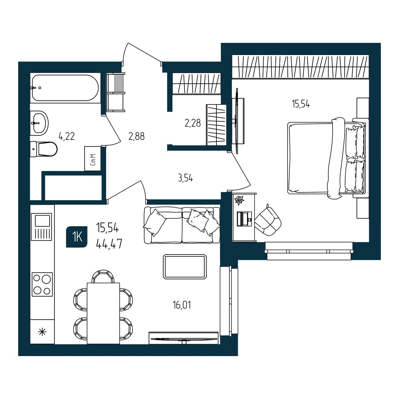 Планировка: Евродвушка 44.5 м² в ЖК Квартал мятный, Мыс