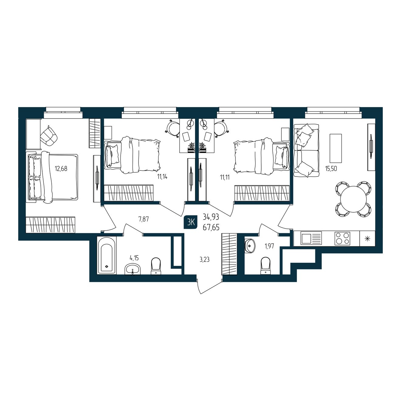 Планировка: 4-комнатная евро 67.7 м² в ЖК Квартал мятный, Мыс