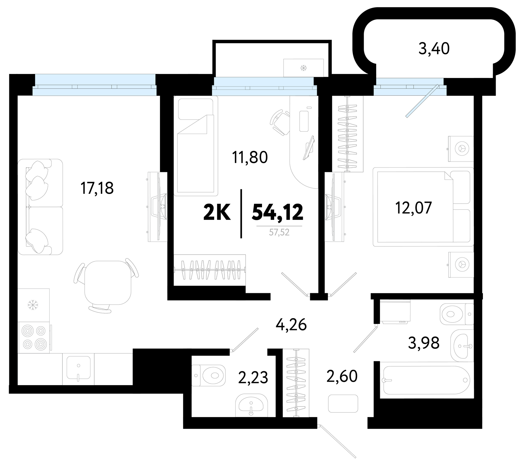 Планировка: Евротрешка 54.1 м² в ЖК Символ, Комарово Парк
