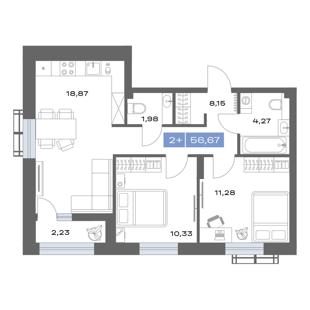 Планировка: Евротрешка 56.7 м² в ЖК Дом на ММС, ММС