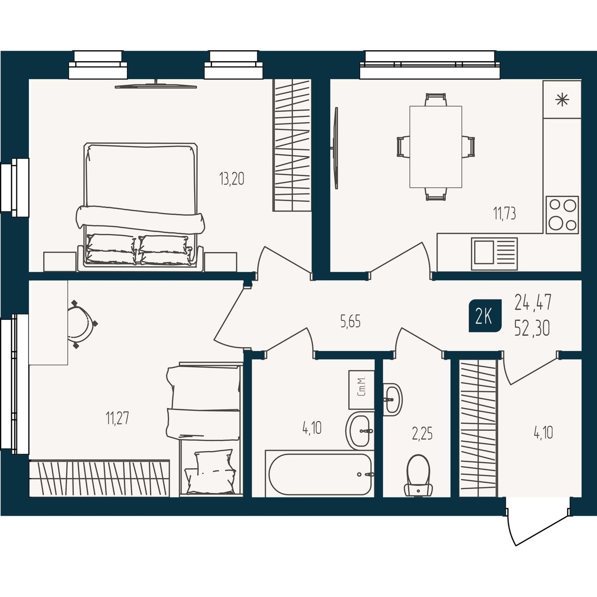 Планировка: 2-комнатная 52.3 м² в ЖК Квартал мятный, Мыс