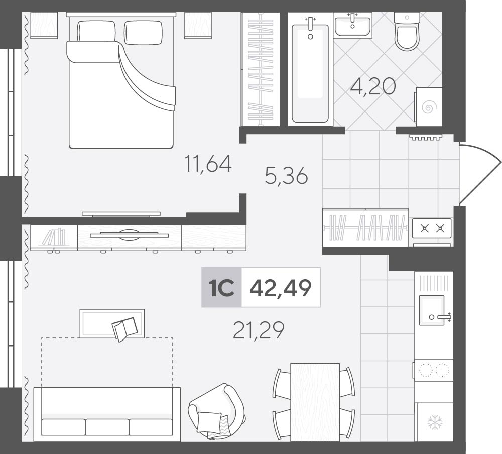 Планировка: Евродвушка 42.5 м² в ЖК Скандиа. Квартал у озера, Лесобаза