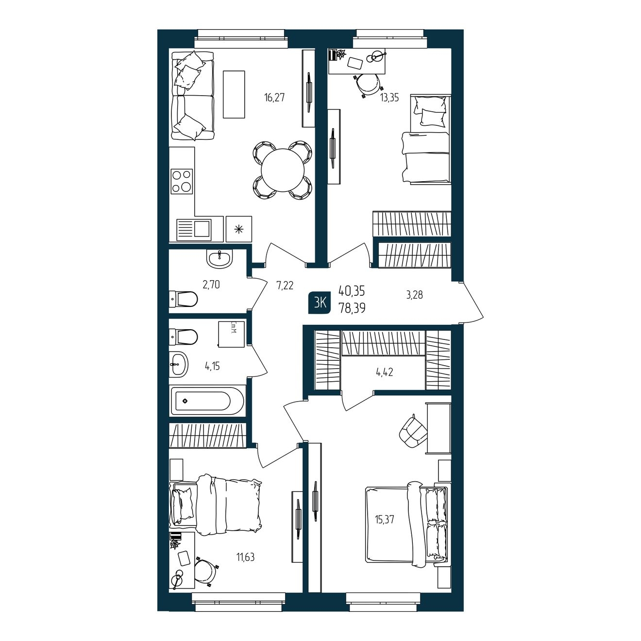 Планировка: 4-комнатная евро 78.4 м² в ЖК Квартал мятный, Мыс
