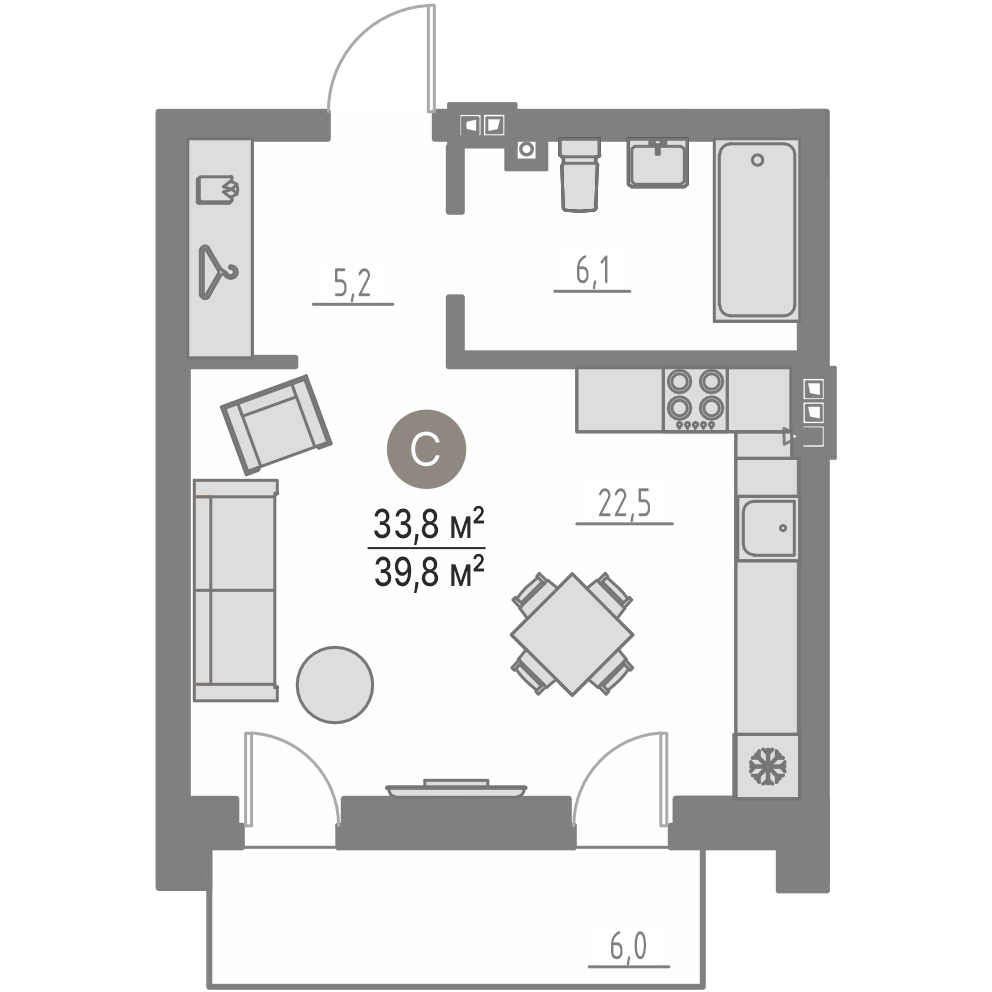 Планировка: Студия 33.8 м² в ЖК Кипрея, Область