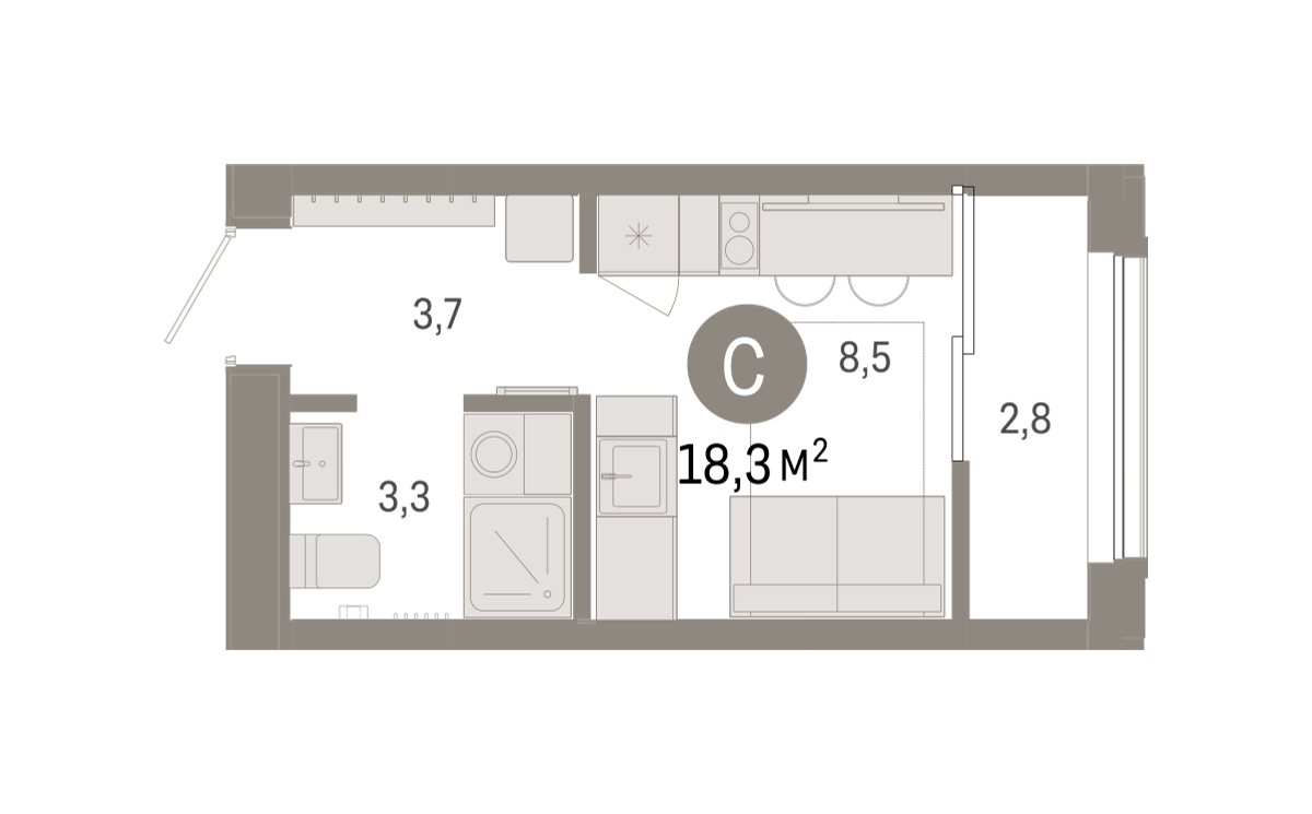 Планировка: Студия 18.3 м² в ЖК Октябрьский на Туре, ДОК