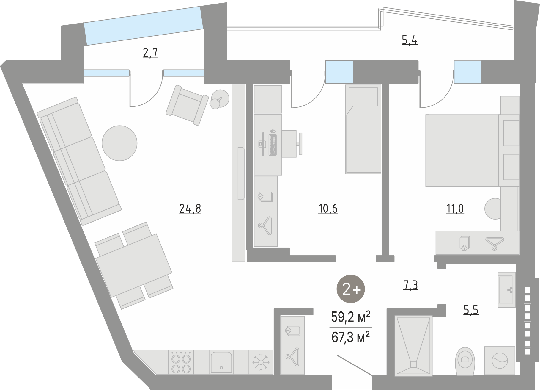 Планировка: Евротрешка 59.2 м² в ЖК Кипрея, Область