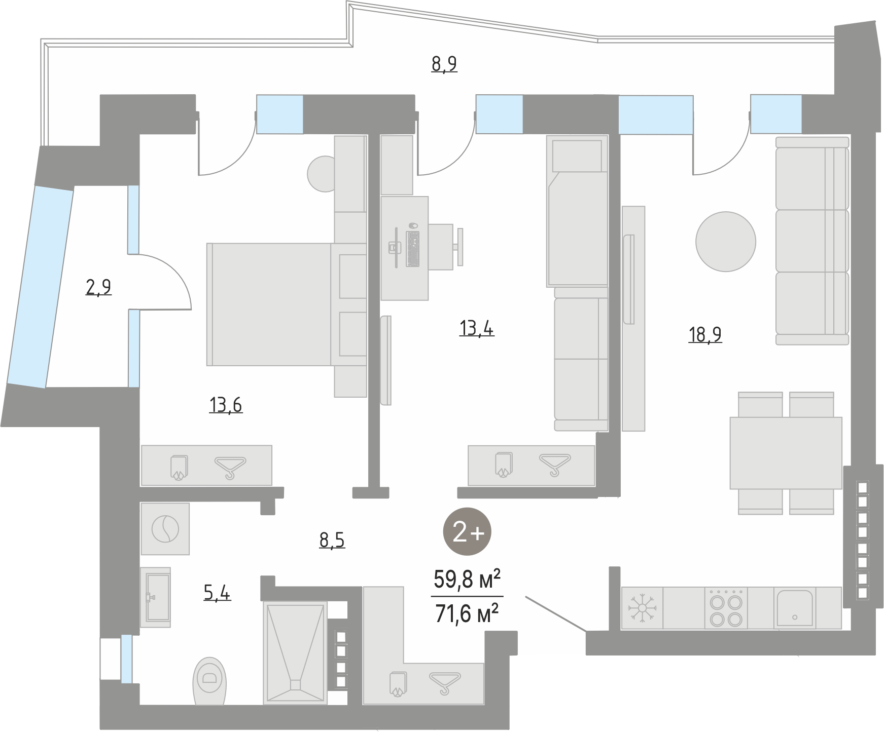 Планировка: Евротрешка 59.8 м² в ЖК Кипрея, Область