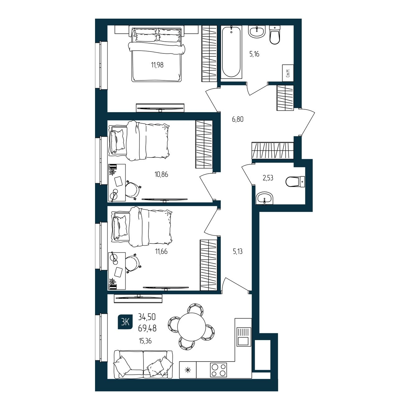 Планировка: 4-комнатная евро 69.5 м² в ЖК Квартал мятный, Мыс
