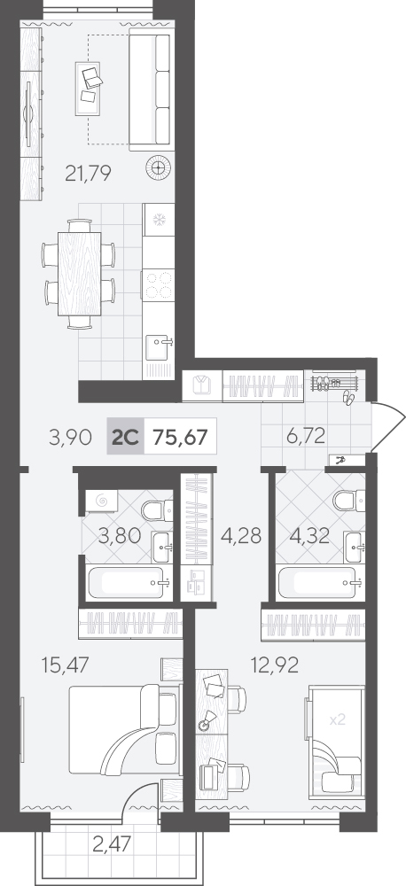 Планировка: Евротрешка 75.7 м² в ЖК Скандиа. Квартал в Комарово Парк, Комарово Парк