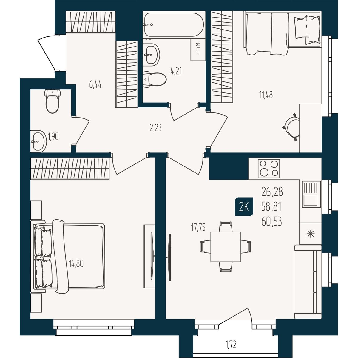 Планировка: Евротрешка 58.8 м² в ЖК Квартал мятный, Мыс
